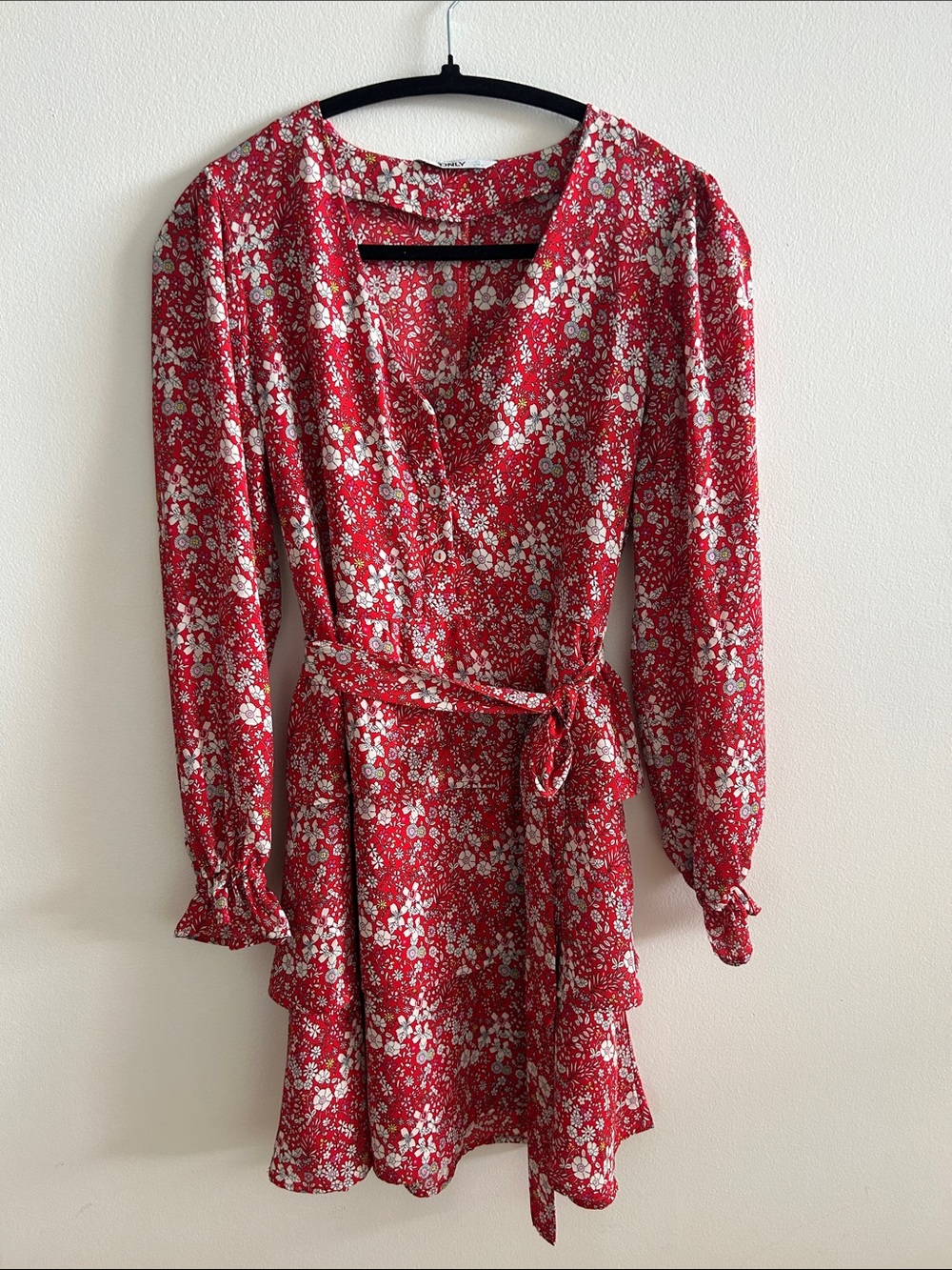 ONLY Red Floral Long-Sleeve Wrap Dress